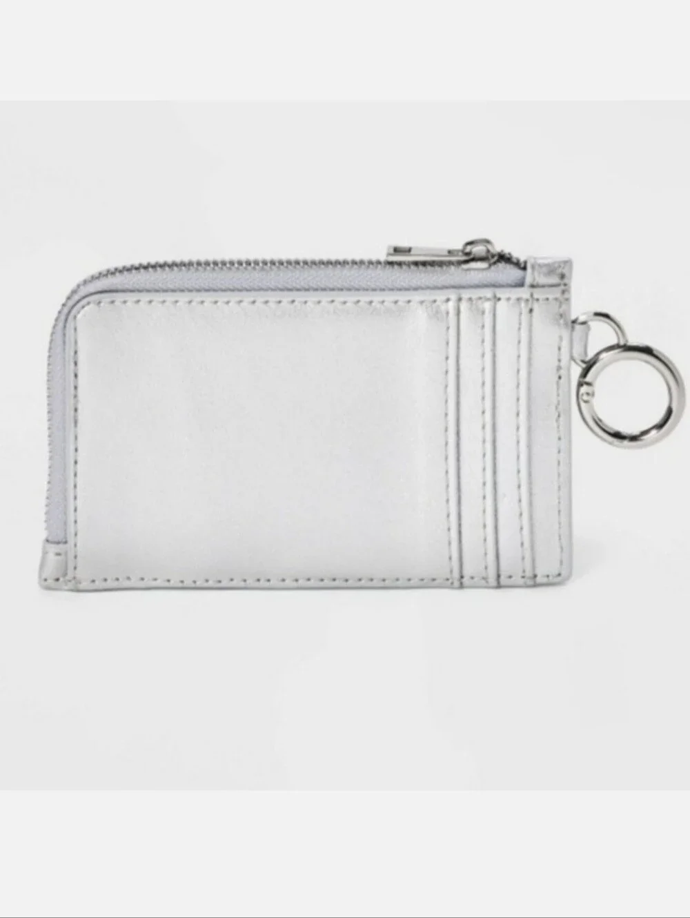 Small Card Case Silver Faux Leather Woven Panel Coin Pouch Keychain Mini Wallet